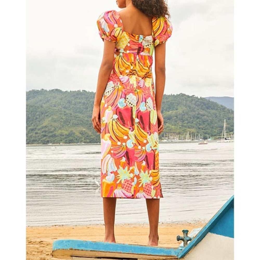 Farm Rio Fruit Salad Pastel Maxamilist Puff Sleeve Fruit Hearts Print Maxi Dress - Picture 14 of 14